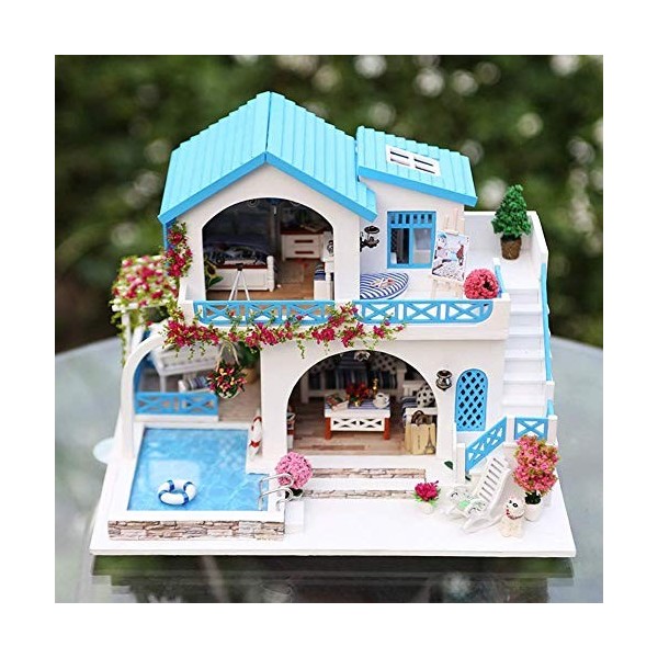 Maison de poupée en Bois de Bricolage élégant, Mini Bricolage Bleu Villa Blanche Maison de poupée Jouet Kit avec Cache-poussi