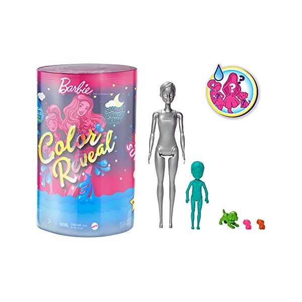 Barbie Color Reveal coffret Pyjama Party, poupée et mini-poupée avec plus de 50 surprises dont figurines animaux et accessoir