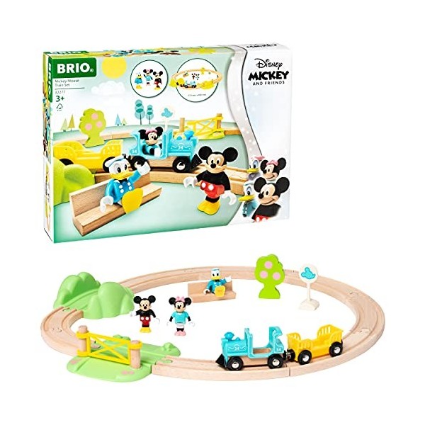 BRIO - 32277 - Circuit Mickey Mouse/Disney - Mickey and Friends - Coffret Complet 18 pièces - Circuit de Train en Bois - Joue