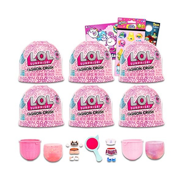 LOL Doll Lot de 6 poupées LOL Fashion Crush Mystery Toys plus des autocollants Pikmi Pops, des autocollants Shopkins et plus 