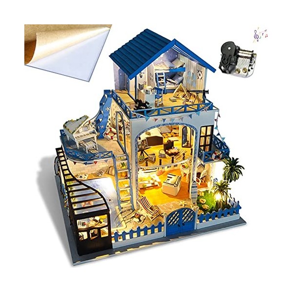 WonDerfulC Maison de poupée miniature en bois 3D à faire soi-même - Modèle de villa bleu - Puzzle éducatif avec lumières LED 