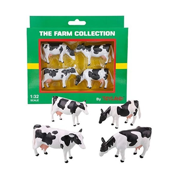 Toyland® Pack of 4 - Vaches de Race frisonne à léchelle 1:32 - La Collection de la Ferme - Animaux de Ferme à Collectionner