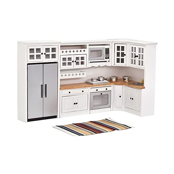 iLAND Meuble de cuisine de maison de poupée à léchelle 1:12 avec armoires en bois, réfrigérateur, casseroles et poêles cuis