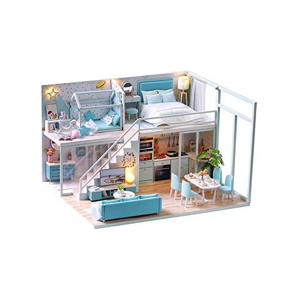 Luqifei Dollhouse Kit Loft Main Simple Appartement Maison de poupée avec Dust Cover Motor Music DIY Cottage Poetic Vie Cadeau