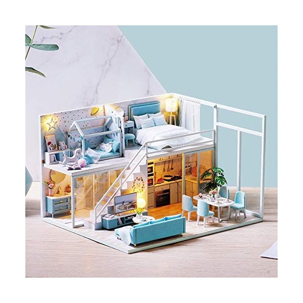 Luqifei Dollhouse Kit Loft Main Simple Appartement Maison de poupée avec Dust Cover Motor Music DIY Cottage Poetic Vie Cadeau