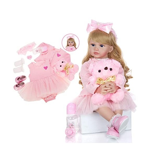 Poupée Bébé Reborn 24 Pouces 60 Cm en Vinyle Réaliste en Silicone avec Cheveux Blonds Bouclés pour Enfants De 3 Ans Et Plus, 