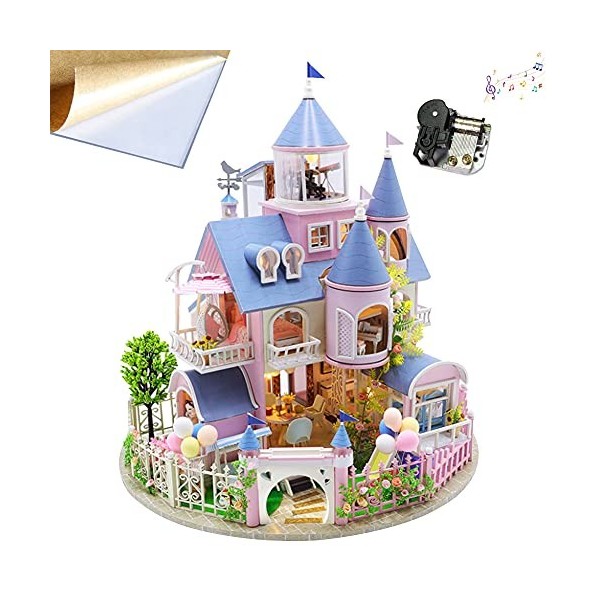 Maison de poupée miniature en bois à monter soi-même, château romantique européen 3D assemblé, scène miniature maison de poup