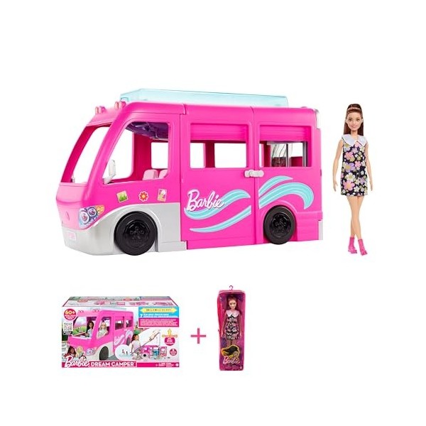 Barbie Lot Camping-Car Transformable HCD46 + Poupée Fashionistas N°187 HBV19 , 7 Zones De Jeu, 60 Accessoires, Brune, Robe