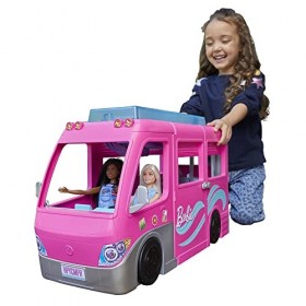 Barbie Lot Camping-Car Transformable HCD46 + Poupée Fashionistas N°187 HBV19 , 7 Zones De Jeu, 60 Accessoires, Brune, Robe