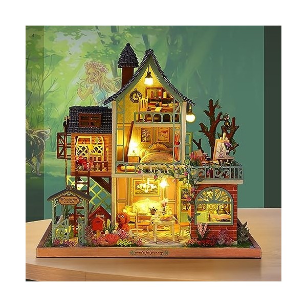 Maison De Poupée Miniature avec Kit De Meubles, Kit De Maison De Bricolage en Bois Bricolage 3D avec Lumière LED, Jouets De M