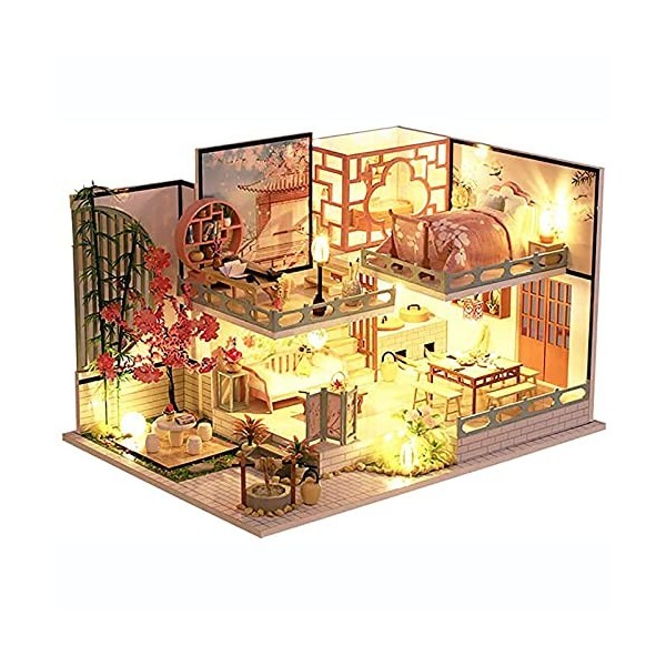 QLLL Maison de Poupées en Bois 3D avec Cache Poussière et Mouvement Musical, Maison de Poupée Bricolage avec Meubles, Maison 