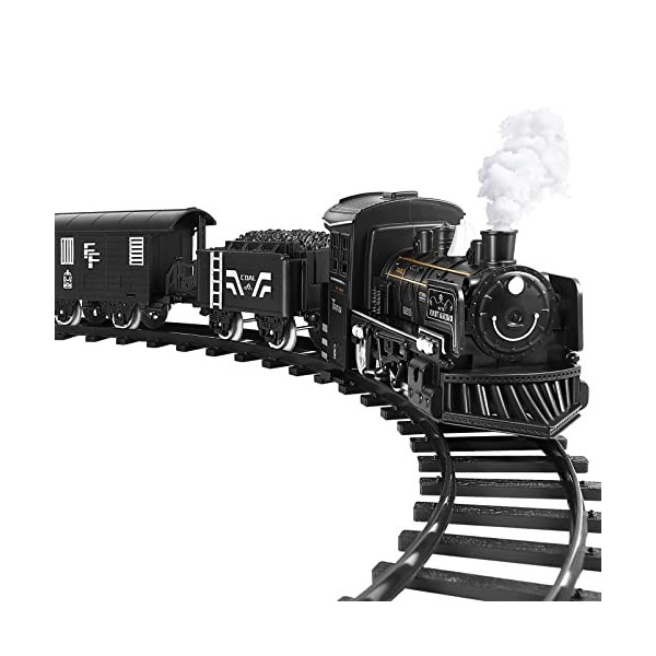 Toyvian Train électrique pour enfants - Modèle de train à piles avec sons et lumières - Locomotive à vapeur, voitures de char