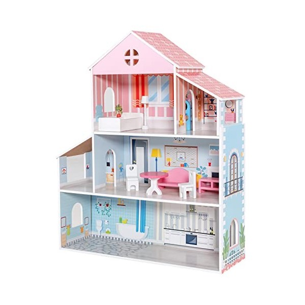 GOPLUS Maison de Poupée en Bois, Maison de Rêve à 3 Étages avec 6 Pièces Simulées, 15 Accessoires de Mobilier, Maison de Prin