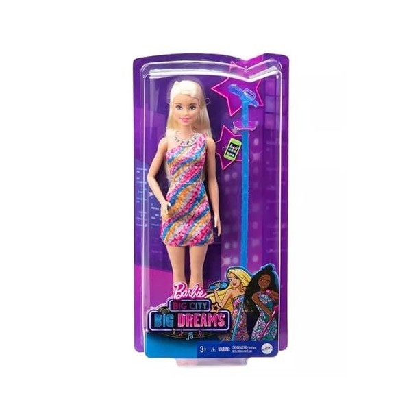 Barbie : Big City, Big Dreams Poupée Barbie « Malibu » Roberts 29,2 cm, blonde et microphone et smartphone, cadeau pour les