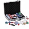 Mallette de poker avec 200 jetons de poker de 5 valeurs différentes, 5 dés, distributeur de jetons et 2 jeux de poker · Set d