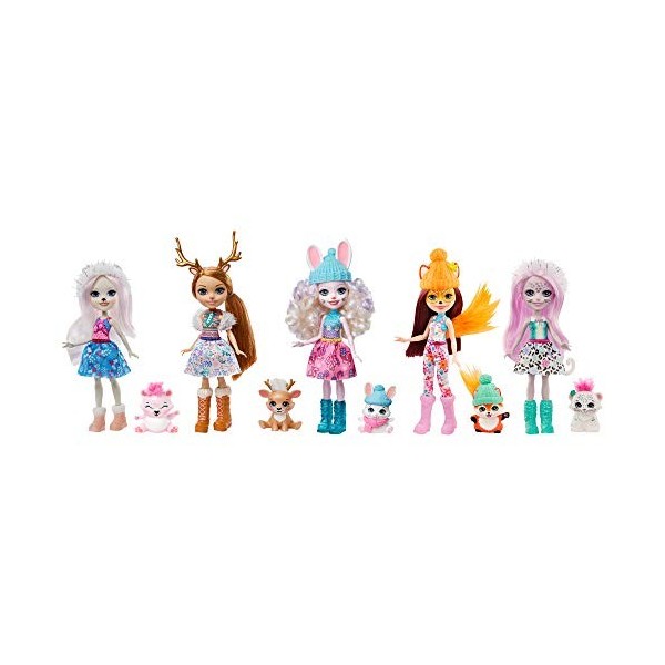 Enchantimals La Vallée Enneigée Coffret 5 mini-poupées Pristina, Rainey, Bevy, Felicity, Sybill et leurs figurines animales, 