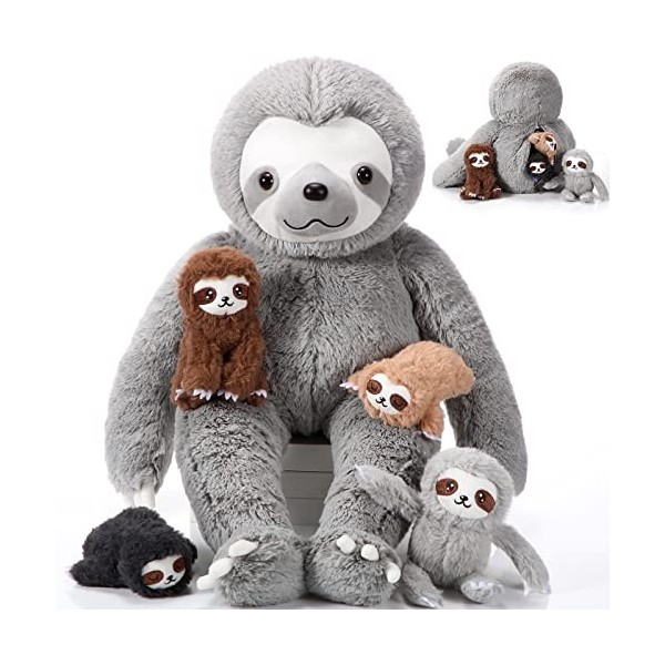 Set de 5 Pièces Paresseux en Peluche 1 Jouet Maman Paresseux 32 cm avec 4 Bébés Paresseux dans Son Ventre 12 cm Animal Paress