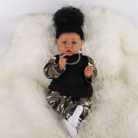 HLILY Poupée Bébé Reborn, Poupée Métisse Africaine Réaliste En Vinyle Souple, Poupée Bébé Nouveau-Né Pour Enfants de 3 ans Et