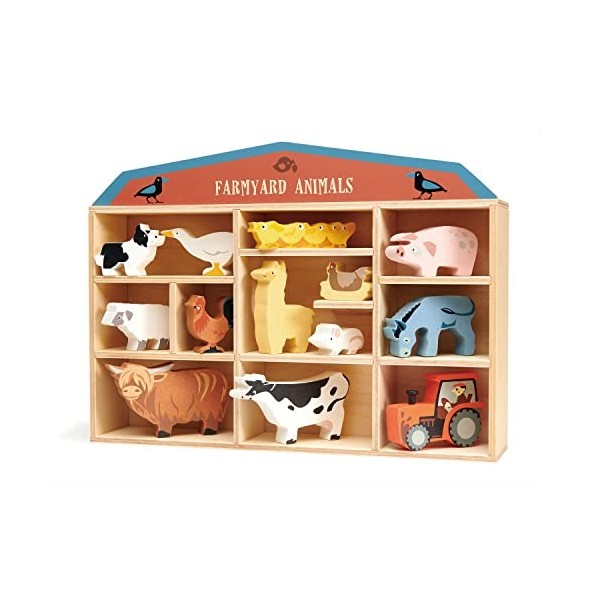 Tender Leaf Toys Étagère en bois pour animaux de la ferme avec chien, oie, mouton, coq, poulet, vache, poussins, alpaga, sour