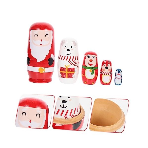 SAFIGLE 5 Ensembles Poupée De Noël Poupées Gigognes en Bois Poupées Gigognes Russes Cadeaux De Noël Jouets Empilables en Bois