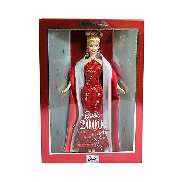 BARBIE poupée blonde robe de soirée rouge brillante - mattel 2000 - pour le nouvel an 2000 - collector edition - boite vitrin