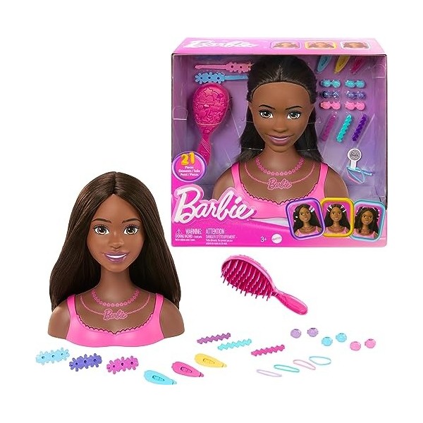 Barbie Tête de poupée avec 20 accessoires colorés, cheveux bruns