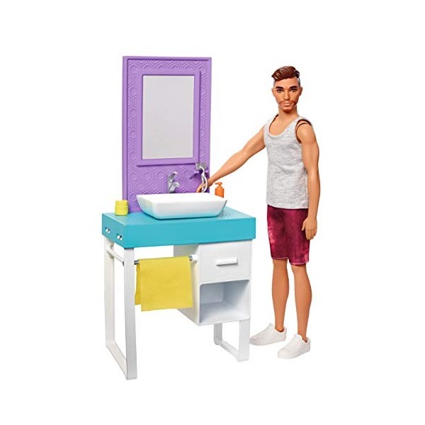 Barbie Coffret poupée Ken à raser et sa salle de bains, meuble avec vasque et accessoires, jouet pour enfant, FYK53