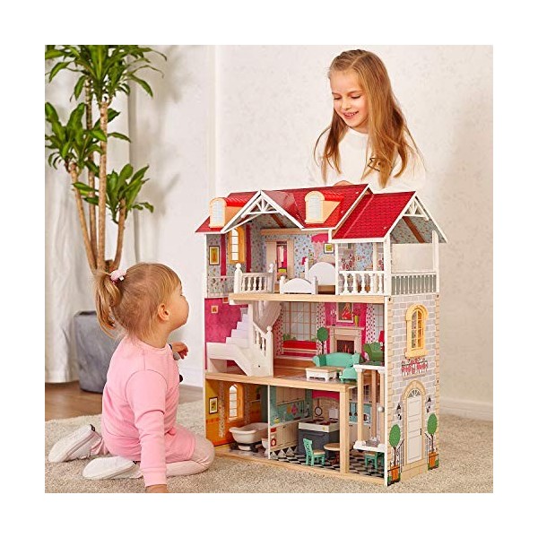 TOP BRIGHT Maison de Poupée en Bois avec Meubles et Ascenseur Rêve Jouet de la Maison de Poupée pour Fille