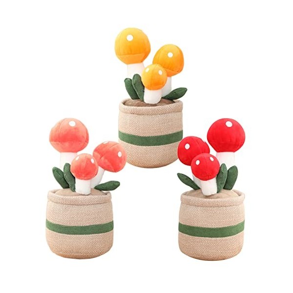 Evlooe Lot de 3 jouets en peluche en forme de champignon mignon, plantes en pot rembourrées, poupée en forme de champignon, c