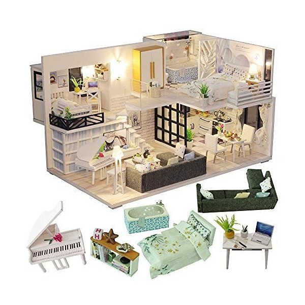 Maison de poupée Bricolage avec Meubles, kit de Maison de poupée Bricolage Plus Anti-poussière et Mouvement de Musique, Salle