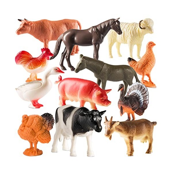 Bedwina Farm Animal Toys - Lot de 12 - Animaux de la Ferme en Plastique pour Enfants, Figurines réalistes de 3 à 5 Pouces pou