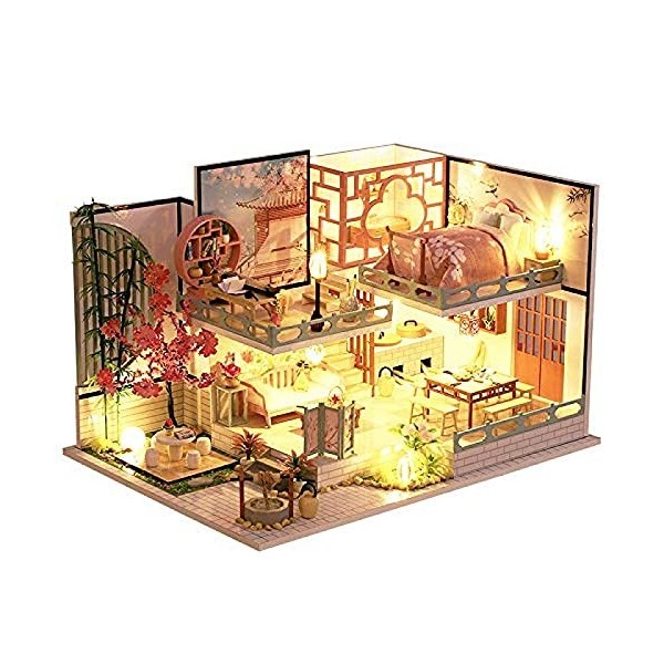 Maison de poupée Miniature avec Meubles, kit de Maison de poupée en Bois Bricolage Plus étanchéité à la poussière et Mouvemen