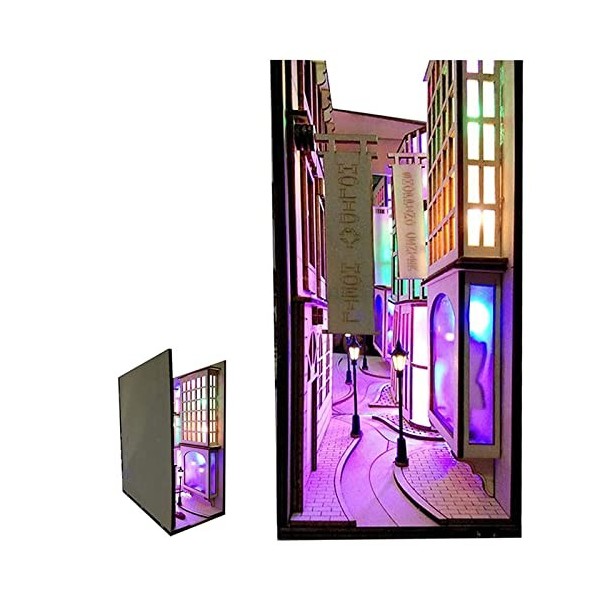 HMLOPX Bricolage Maison de poupée Livre Coin bibliothèque Insert 3D Wooden Puzzle Book Nook Inserts avec lumière LED - Miniat