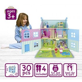 Leomark Belle Alpine Maison De Poupée - en Bois - avec des Meubles Et De La Famille De Poupées, Couleur Bleu, Jouet pour Enfa