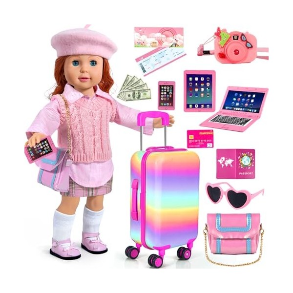 WONDOLL Vêtements et accessoires de poupée de 45,7 cm – Bagage, valise, vêtements et chaussures de poupée, sac, lunettes de s