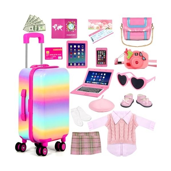 WONDOLL Vêtements et accessoires de poupée de 45,7 cm – Bagage, valise, vêtements et chaussures de poupée, sac, lunettes de s