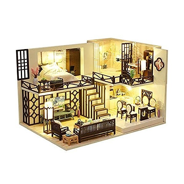 Maison de poupée Miniature avec Meubles, kit de Maison de poupée en Bois Bricolage Plus étanchéité à la poussière et Mouvemen