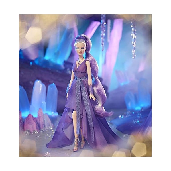 Barbie Signature poupée Améthyste Collection Cristal blonde platine avec collier à véritable améthyste et accessoires, jouet 