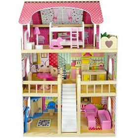 Leomark Mansion de rêves Maison de poupée Villa résidentielle - en Bois - avec Meubles, Plus éclairage LED