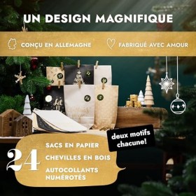 AMARI ® Calendrier de lAvent à remplir Christmas Mix - 24 Sacs en papier avec des agrafes en bois à réaliser à Noël - Sacs