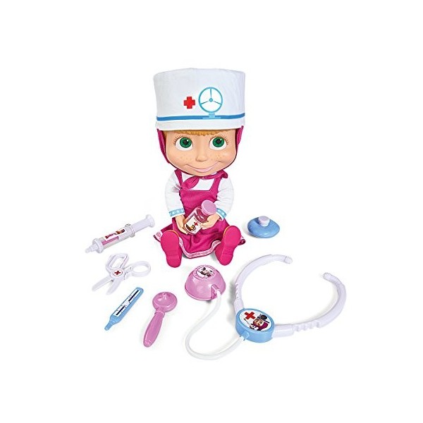 Simba - 109301041 - Masha & Michka - Poupée Souple Masha et Son Set de Docteur + Accessoires, Multicolore