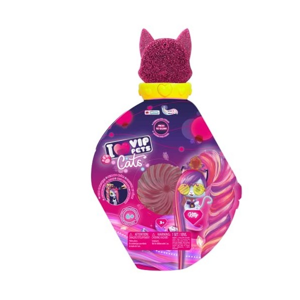 VIP Pets Cats – Comprend 1 poupée chat néon VIP Pets, 10 surprises, 8 accessoires pour coiffure | Filles et enfants à partir 