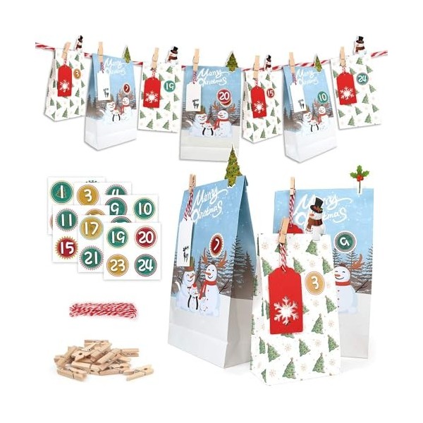 ONEHAUS Calendrier de lAvent à remplir de Grands Sacs en Papier Cadeau pour remplir soimême des Sacs à Main Penguin Advent