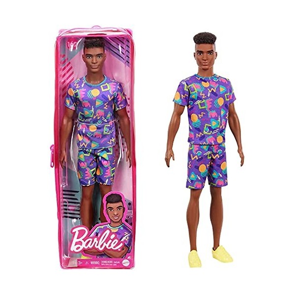 Barbie Fashionistas poupée mannequin Ken 162 brun avec tee-shirt, bermuda aux motifs graphiques et chaussures jaunes, jouet 