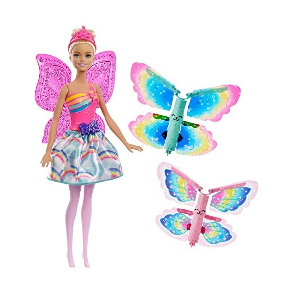 Barbie Dreamtopia poupée fée papillon brune volante avec deux paires dailes clipsables, tenue multicolore, jouet pour enfant