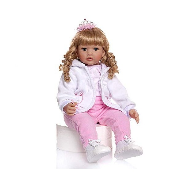 Poupée Bébé Reborn en Silicone 24 Pouces 60 Cm, Poupée Princesse Fille, Cheveux Blonds avec Couronne Rose, Accessoires pour C