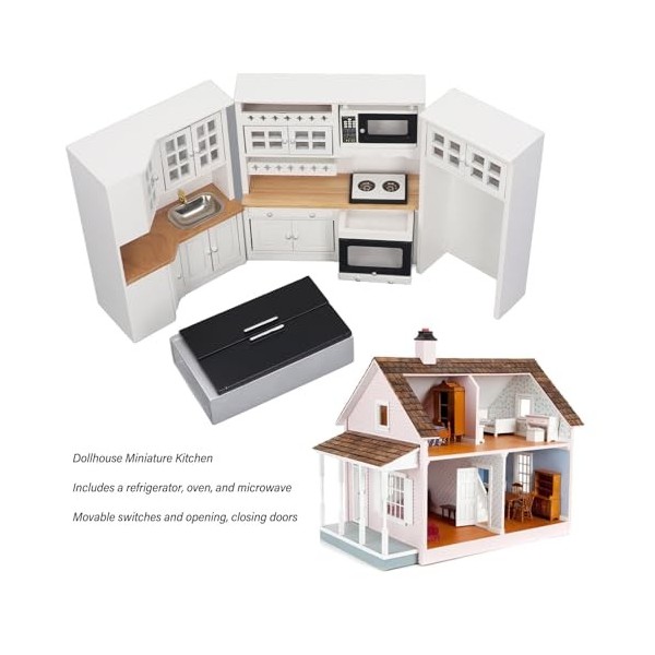 Ensemble Darmoires de Cuisine pour Maison de Poupée, Armoire Miniature en Bois, Réfrigérateur, Four à Micro-Ondes, Accessoir