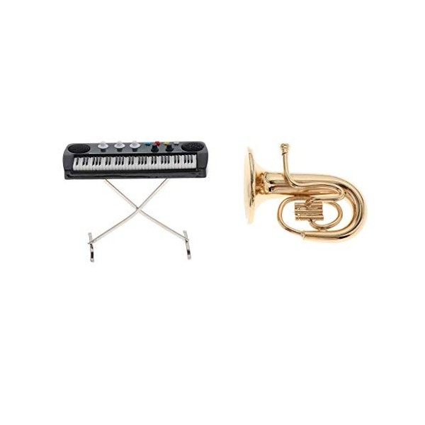 yunyu Meubles de Maison de poupées, 2 pièces 1/12 Mini Clavier en métal et modèle dinstrument de Musique Tuba pour Maison de