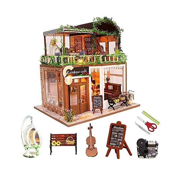 Bricolage Maison De Poupée Bricolage Miniature Maison De Poupée Kit Maison en Bois Style Européen Café Fait À La Main Modèle 