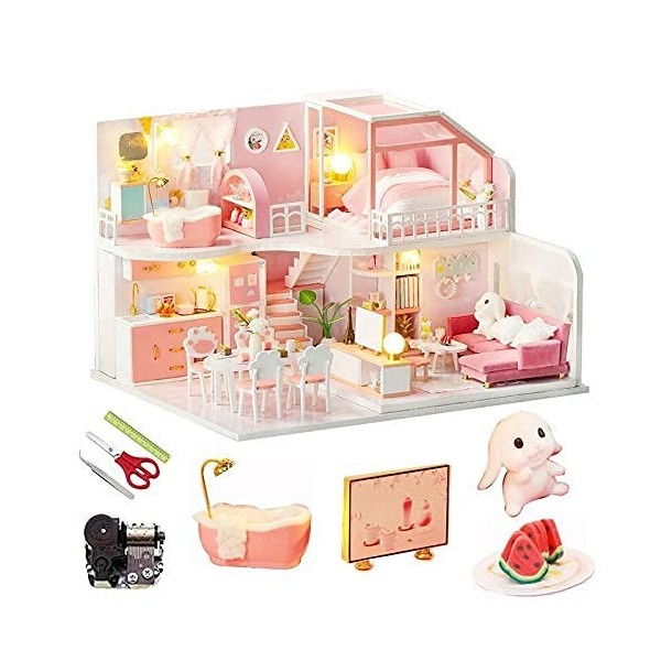 Bricolage Miniature Maison De Poupée Kit en Bois Maison De Poupée Meubles Rose Petite Maison Modèle Chambre Boîte Jouets pour